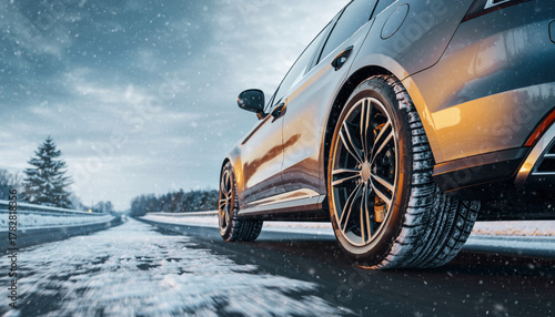 A car drives on a snowy road during winter, with snow falling and trees in the background.