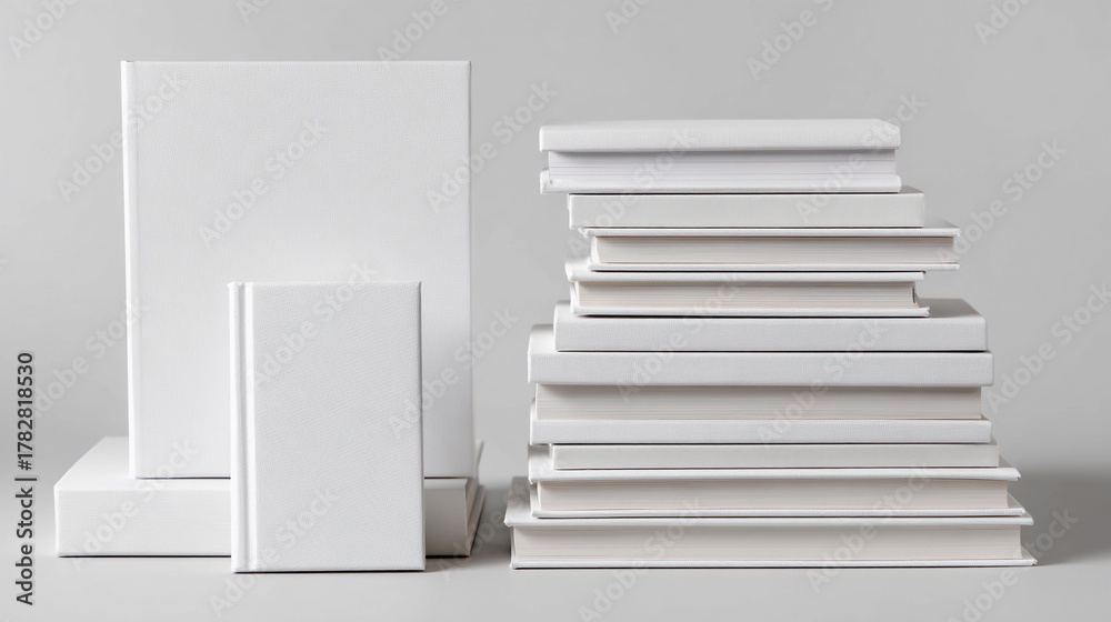 Fototapeta premium Empty white books arranged in a stylish stack on a gray background