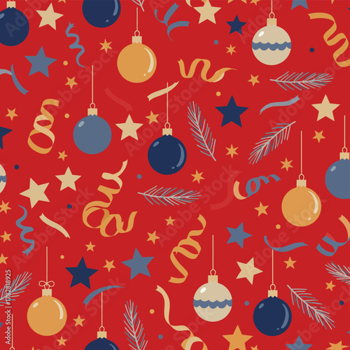 Flat vector illustration of a festive repeating Christmas pattern featuring traditional red and gold ornaments, green pine foliage, delicate ribbons, and bright stars on a rich scarlet background.