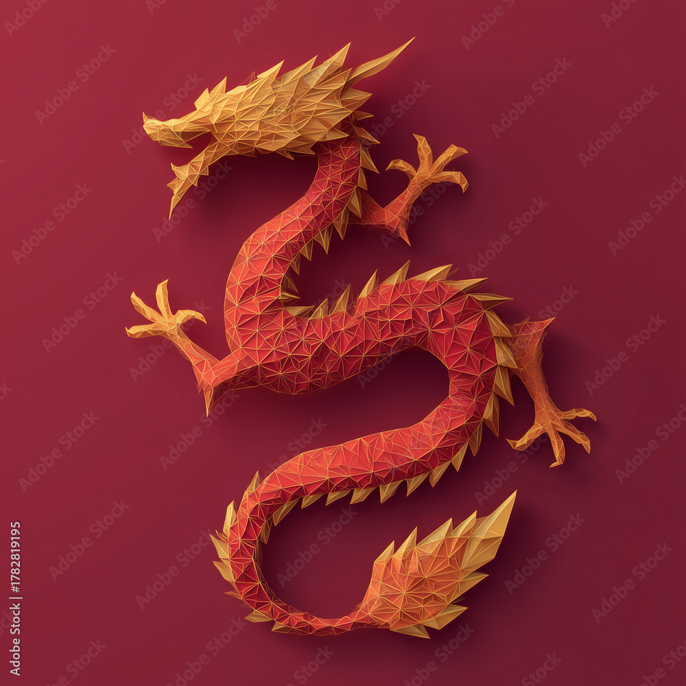Fototapeta premium Red dragon statue in geometric style representing Lunar New Year 