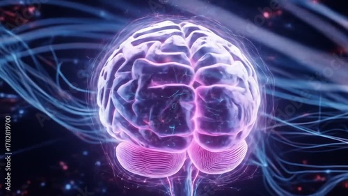 Human Brain Illuminated with Neural Pathways A Conceptual Illustration of Thought Processes