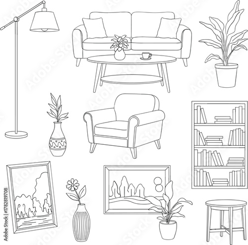 Collection of furniture and decorative items isolated on white background