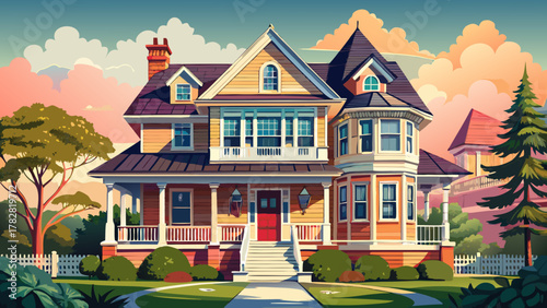 Very beautiful view of the upper facades of a charming family home in Brighton, Massachusetts, USA, featuring a balcony, composite roofing, detailed architecture, and a realistic warm suburban atmosph