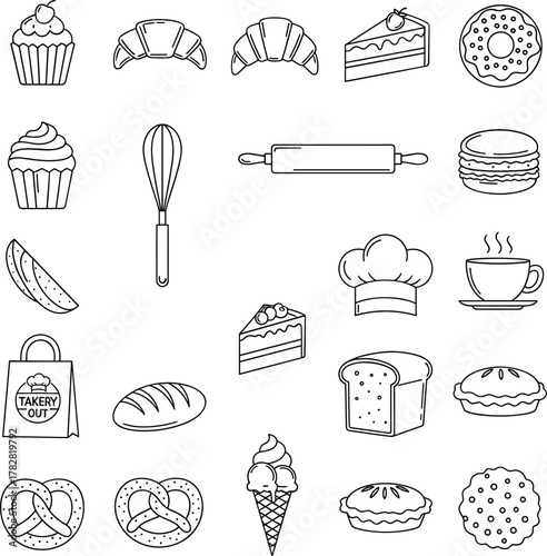 Collection of hand drawn bakery and food icons isolated on white background