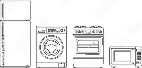 Collection of kitchen appliances including refrigerator washing machine stove and microwave isolated on white background