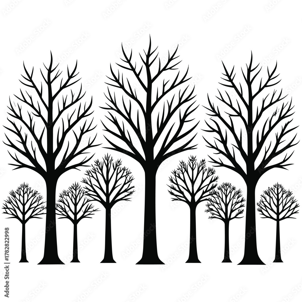 Obraz premium Group of black silhouette bare trees on white background