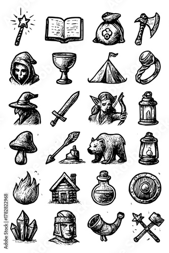 Hand drawn fantasy icons set for RPG games, roleplaying, adventure and mysterious quests, great for storytelling