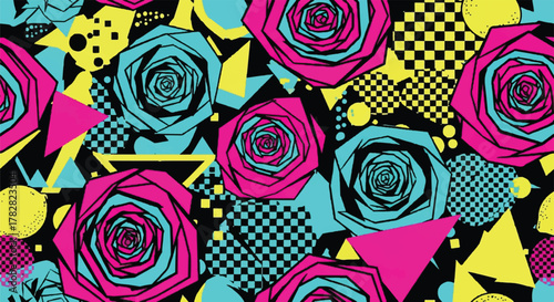 Vibrant Seamless 90s Memphis Style Rose Pattern with Geometric Shapes
