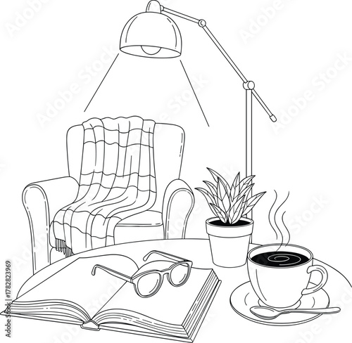 Cozy reading nook with armchair lamp and coffee isolated on white background