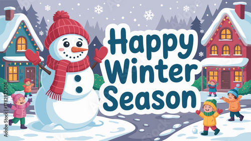 Charming illustration of a snowman and children celebrating a happy winter season with decorated houses and falling snowflakes, evoking joy and festive cheer. (200 characters)