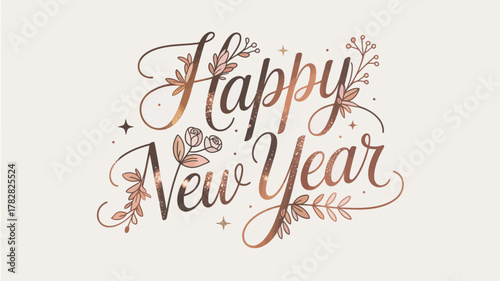 Elegant and whimsical 'happy new year' calligraphy with floral accents and rose gold glitter texture, perfect for festive celebrations and holiday greetings on a light background.