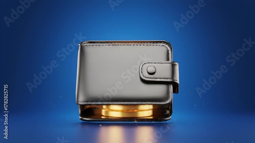Black leather wallet opens to reveal shining gold coins inside, showcasing a luxurious interior, camera pans in to highlight the gleaming details and craftsmanship