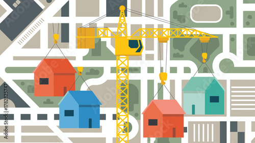 Construction crane lifting prefabricated houses over a stylized city map layout, illustrating urban development and real estate industry growth in a modern, graphic style.