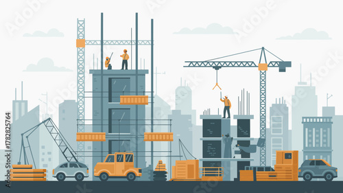 Construction site with cranes, buildings under development, workers, trucks, and materials, illustrating urban progress and development in a modern city skyline.