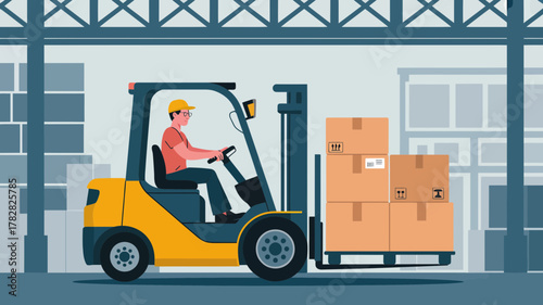 Man wearing a hard hat driving a forklift truck carrying stacked cardboard boxes inside a warehouse, logistic, shipping, delivery concept, industrial setting