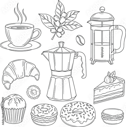 Hand drawn coffee and pastry collection isolated on white background