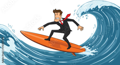 Businessman surfing wave, cartoon character illustration, corporate adventure artwork, dynamic motion concept, bold leadership symbol, cad drawing flat vector illustration