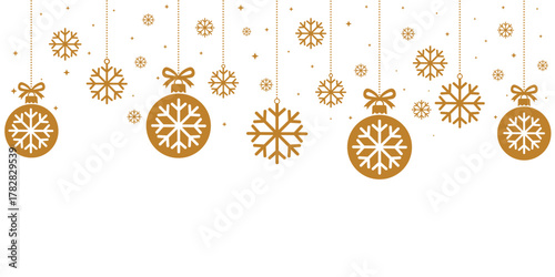 Festive golden and brown Christmas decorations with hanging snowflakes and baubles featuring snowflake patterns. Elegant holiday design on a white background, ideal for seasonal celebrations