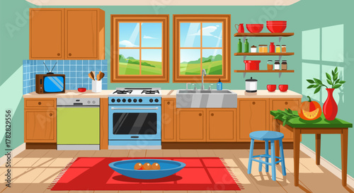 Vibrant and modern cartoon kitchen interior with contemporary appliances, wooden cabinets, a picturesque window view, and cheerful home decor