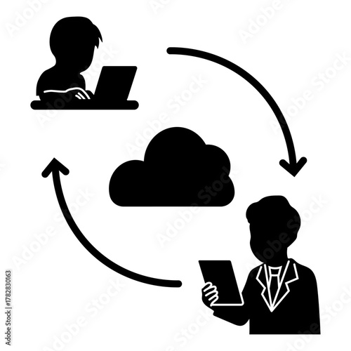 クラウドを通じて情報共有する教師と子供のシルエットイラスト（GIGAスクール構想）