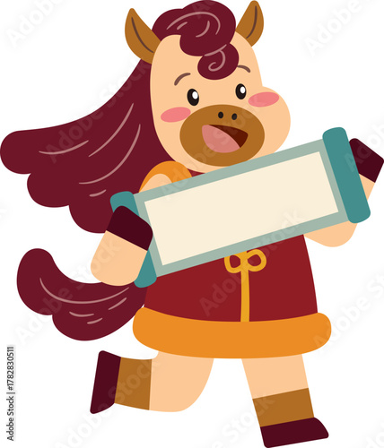 Cute horse character holding gold ingot for Chinese New Year