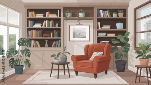Cozy reading nook with bookshelves, armchair, plants, and window, creating a warm and inviting atmosphere for relaxation and study.