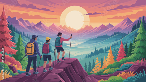 Three hikers stand on a rocky summit overlooking a vast mountainous landscape with a vibrant sunset sky and lush forests below, capturing the essence of adventure and nature exploration.