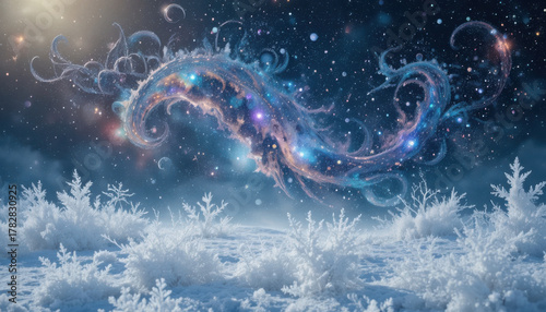 Frozen landscape with polka like patterns of stars and cosmic swirls creates magical scene