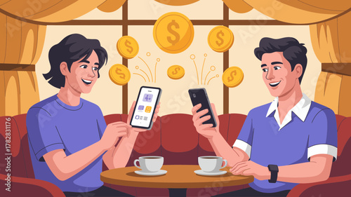Two smiling people sitting at a table with coffee, holding smartphones displaying financial apps, with gold coins floating upwards, symbolizing online transactions and digital wealth, modern concept.