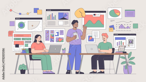 Diverse team collaborating on data analysis and presentation, showcasing charts, graphs, and digital interfaces in a modern office setting, representing teamwork and business growth strategies.