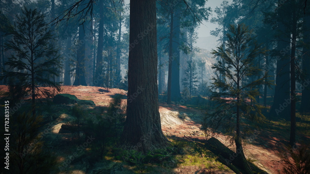 Fototapeta premium In a peaceful forest, sunlight breaks through the tall tree canopy, casting gentle light on the lush ground below. The scene is quiet, inviting exploration and reflection in nature.