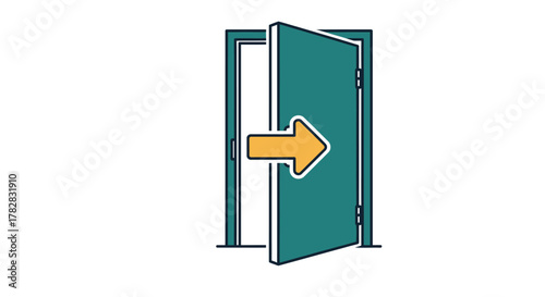 An open teal door with an arrow pointing outward silhouette