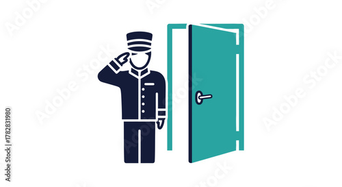 Hotel bellhop standing by an open doorway a welcoming gesture silhouette
