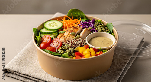 Fresh and healthy salad bowl with various vegetables and dressing.