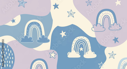 Seamless Pastel Kids Pattern with Hand Drawn Rainbows and Stars