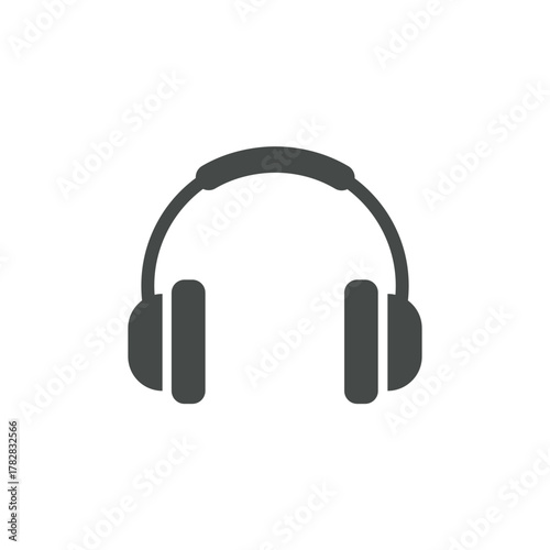 Vector illustration of headphones in dark grey, symbolizing music, audio, technology, podcasting, and customer service support.
