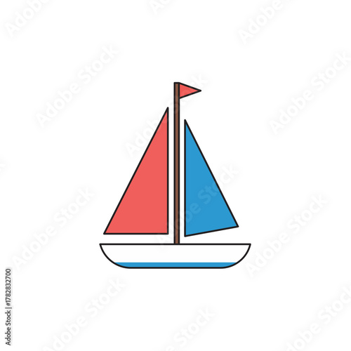 Vector illustration of a simple sailboat with red and blue sails, symbolizing sea travel, adventure, summer vacation, and navigation.