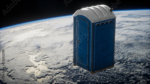 A blue portable restroom is suspended in the vastness of space, surrounded by the beauty of Earths clouds. This surreal scene offers a whimsical yet thought provoking view of the unexpected.