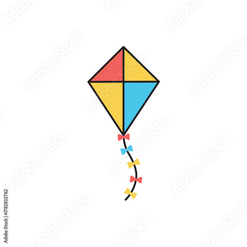 Vector illustration of a colorful diamond-shaped kite with a decorative tail, symbolizing childhood fun, leisure, freedom, and outdoor recreation.
