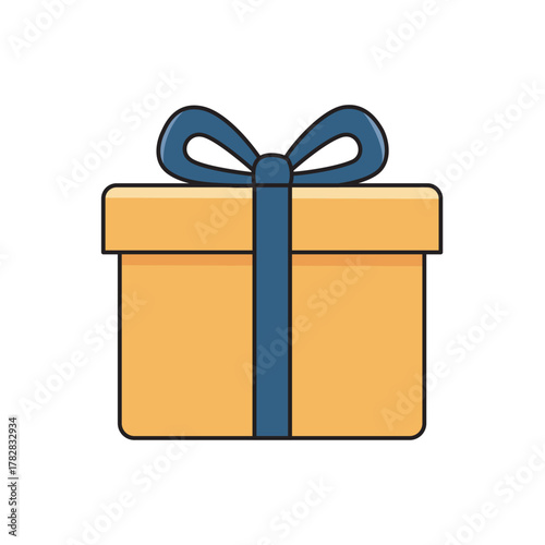 Vector illustration of a yellow gift box tied with a blue ribbon, symbolizing holidays, celebration, surprise, reward, and gift-giving.