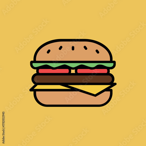 Vector illustration of a classic cheeseburger with all the toppings, symbolizing fast food, lunch, restaurant menu, and delicious meal.