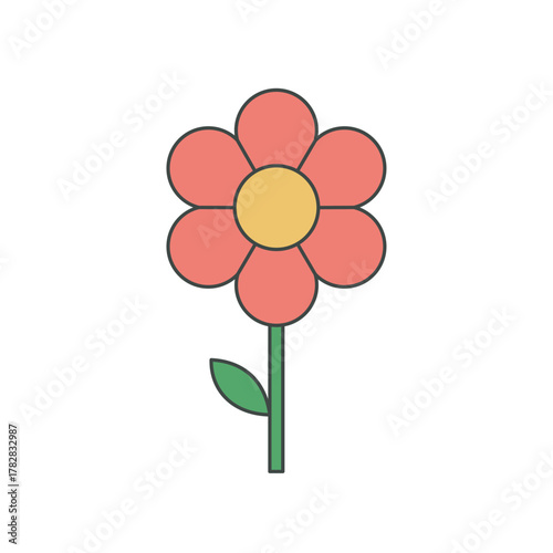 Vector illustration of a stylized red flower with a green stem, symbolizing spring, nature, beauty, gardening, and floral design.