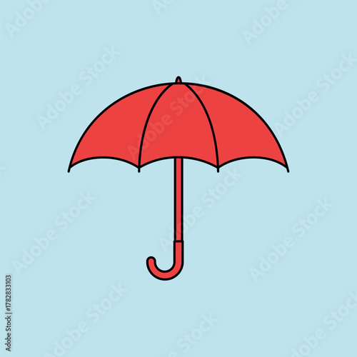 Vector illustration of a bright red open umbrella, symbolizing rain protection, weather, insurance, security, and preparedness.