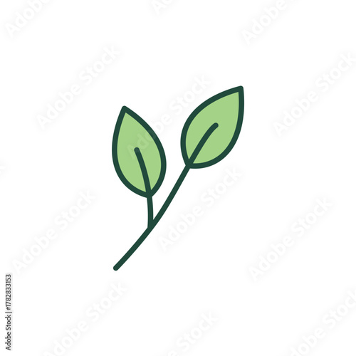 Vector illustration of two green leaves on a small branch, symbolizing nature, organic product, freshness, ecology, and healthy growth.