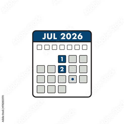 Vector illustration of a wall calendar showing July 2026 with highlighted dates, symbolizing scheduling, deadlines, planning, and time management.