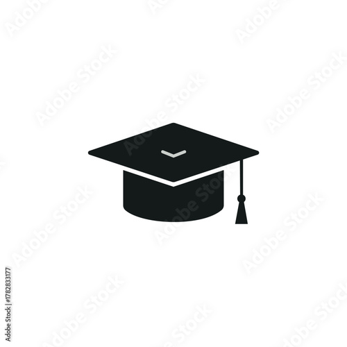 Vector illustration of a black graduation cap or mortarboard with a tassel, symbolizing education, achievement, success, and academic degree.