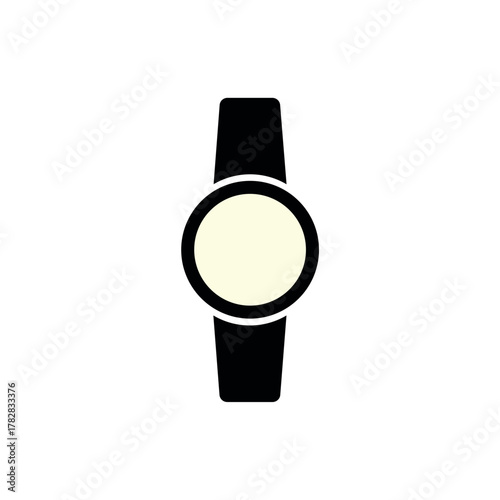 Vector illustration of a modern wristwatch with a black strap, symbolizing time, technology, punctuality, accessory, and wearable device.