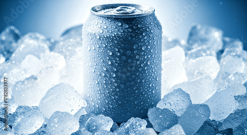 Refreshing cold drink can with water droplets surrounded by ice cubes perfect for a hot summer day.