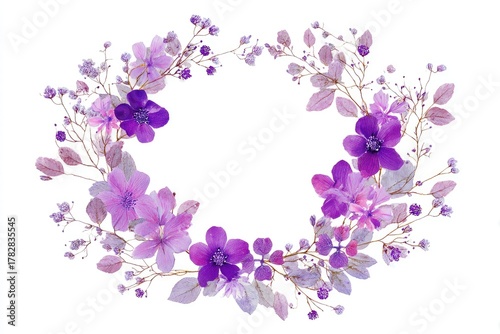Floral wreath purples, pinks, leaves encircling empty space