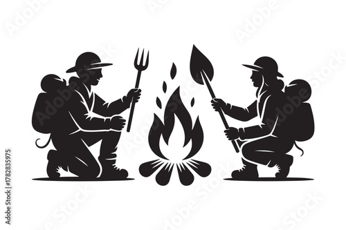 Two campers preparing food around a campfire